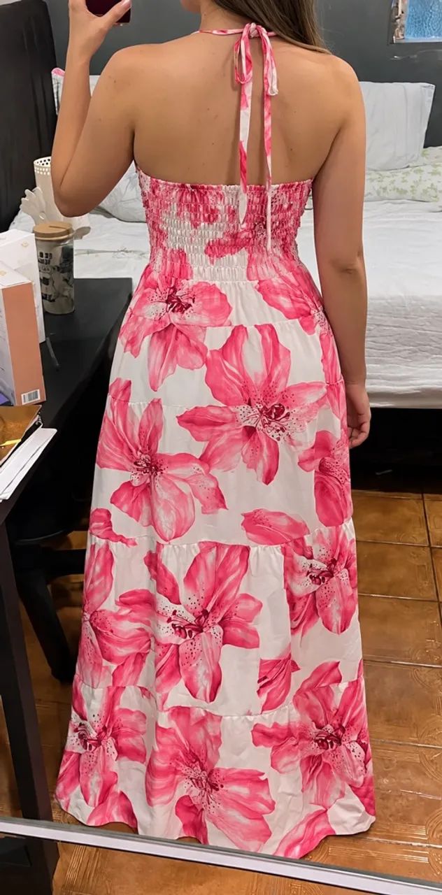 Vestido Longo Floral Rosa e Branco - Amarração no Pescoço - Foto 2