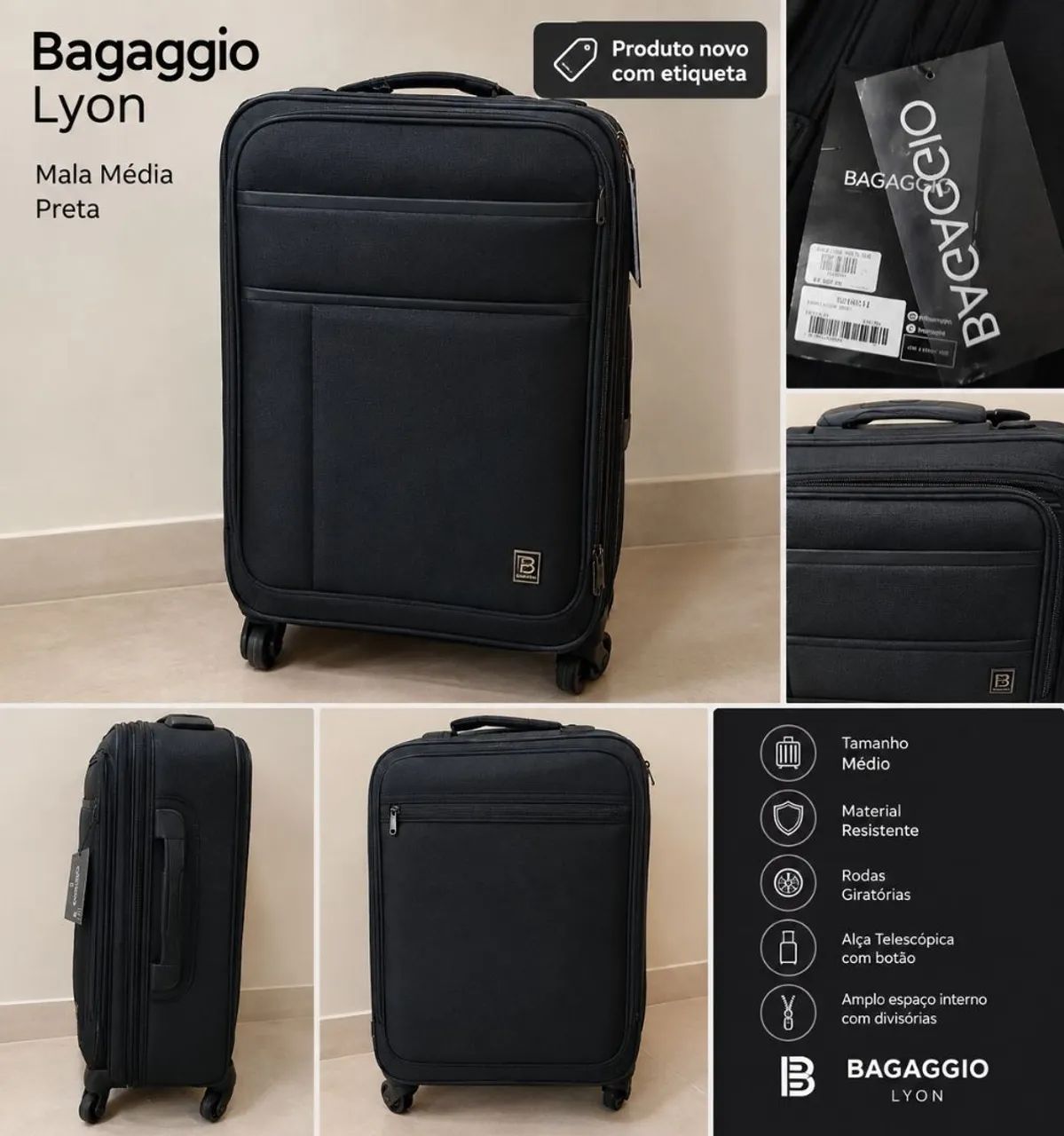 Mala Bagaggio Lyon Preta Média Nova com Etiqueta