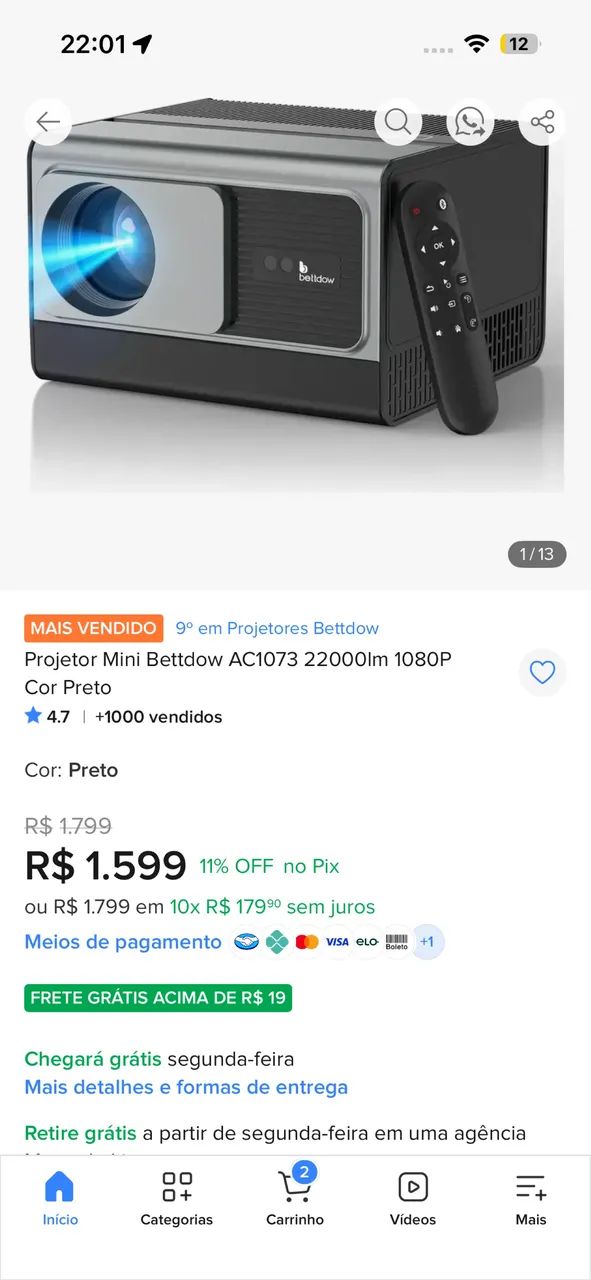 Projetor Mini Bettdow AC1073 22000lm 1080P