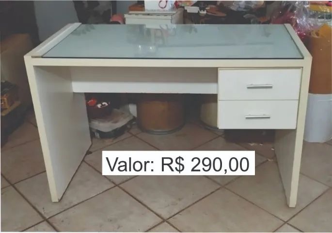 Mesa de Escritorio, com 2 gavetas e tampo vidro