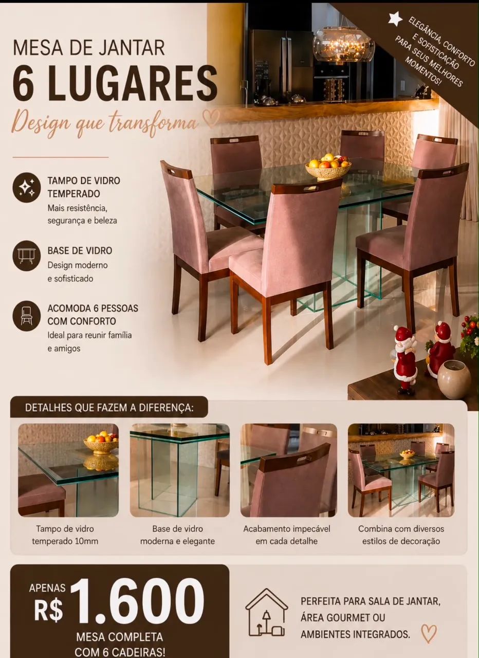 Mesa de vidro quadrada 6 lugares com 6 cadeiras