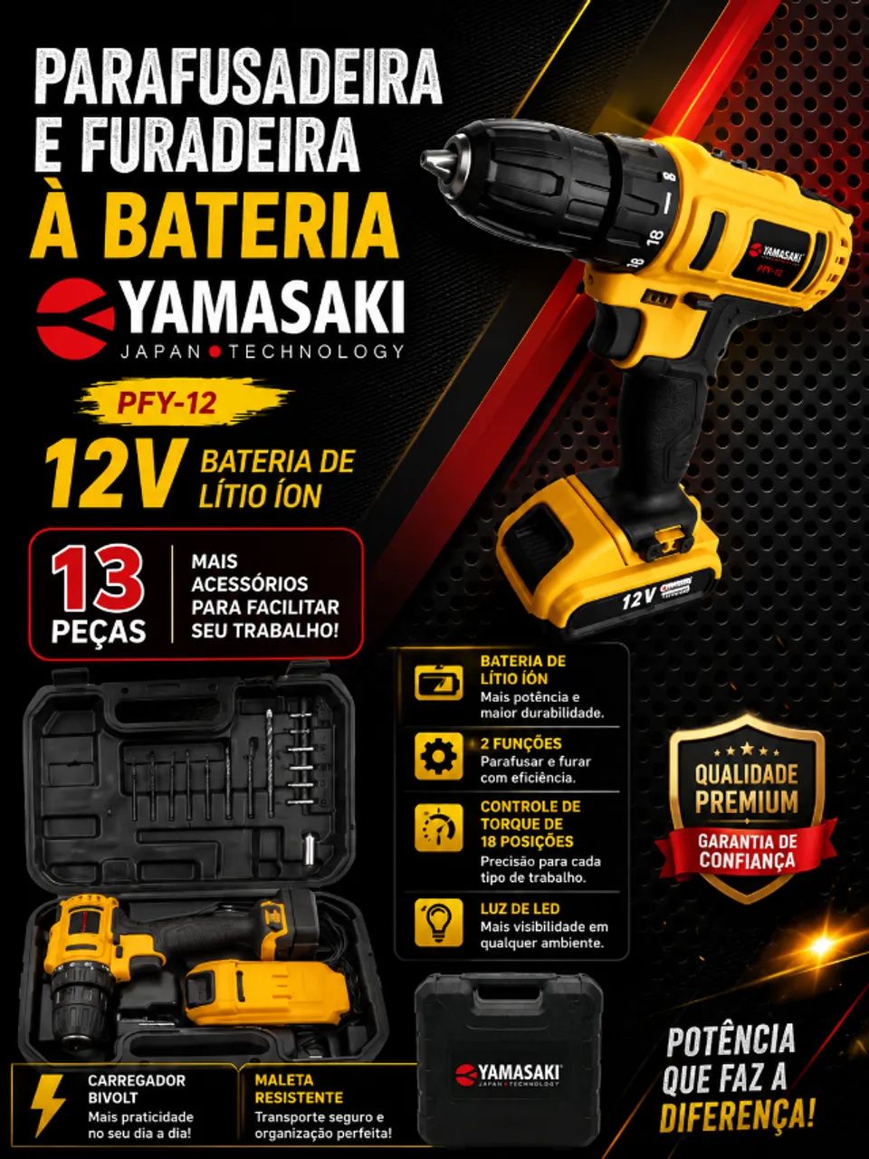 Parafusadeira e Furadeira Yamasaki 12V - Kit Completo com 13 Acessórios!