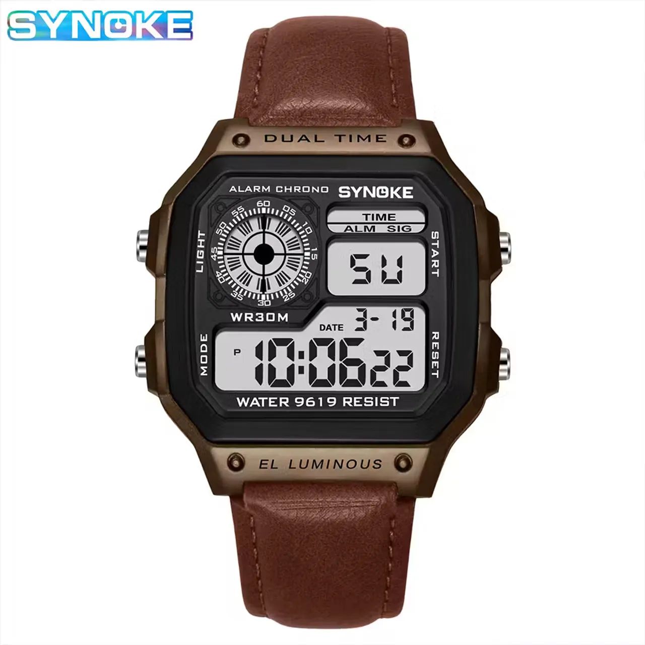  Relógio esportivo masculino SYNOKE com pulseira de couro digital