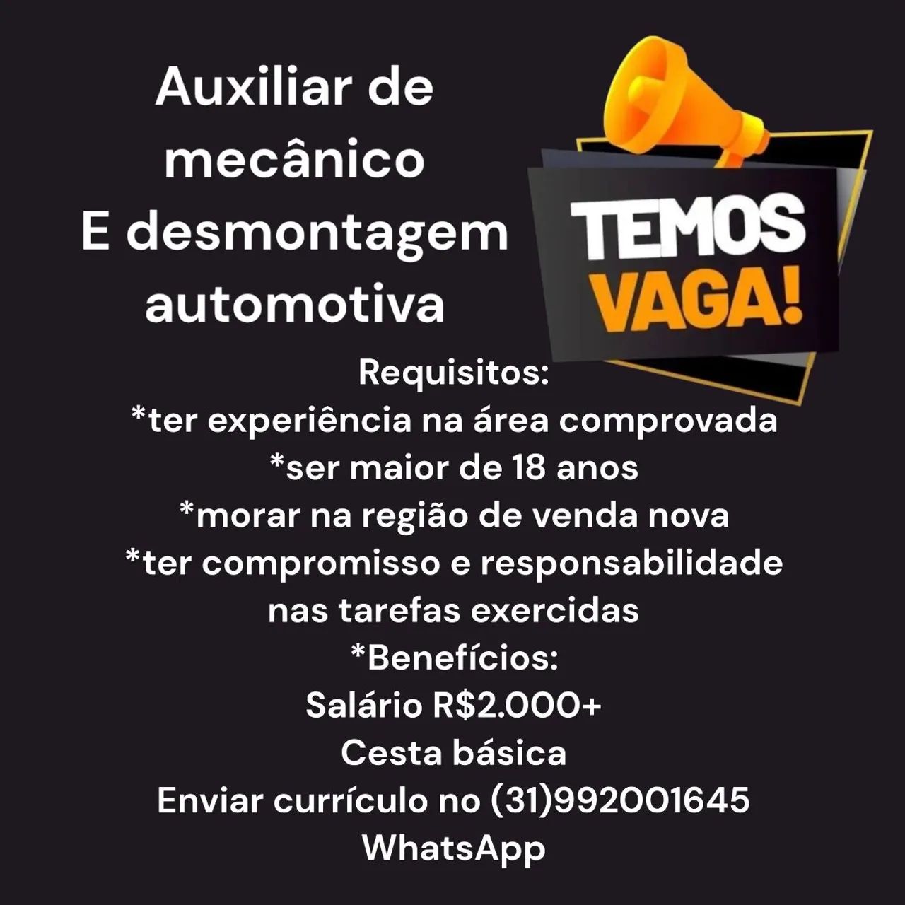Vaga auxiliar de mecânica e desmontagem automotiva 