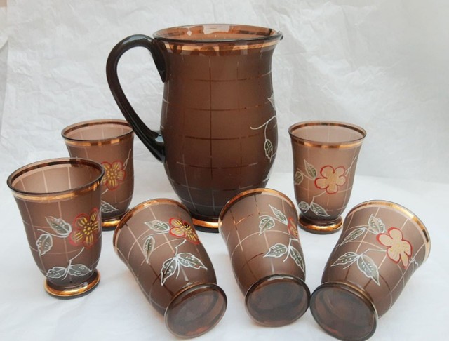 Promoção -Antigo Conjunto Vintage, Cristal Veneziano cor Conhaque<br>Jarra com 6 copos - Foto 2