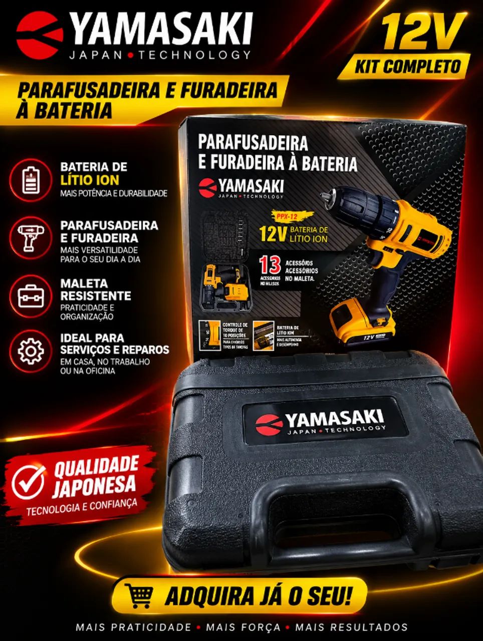 Parafusadeira e Furadeira Yamasaki 12V - Kit Completo com 13 Acessórios!