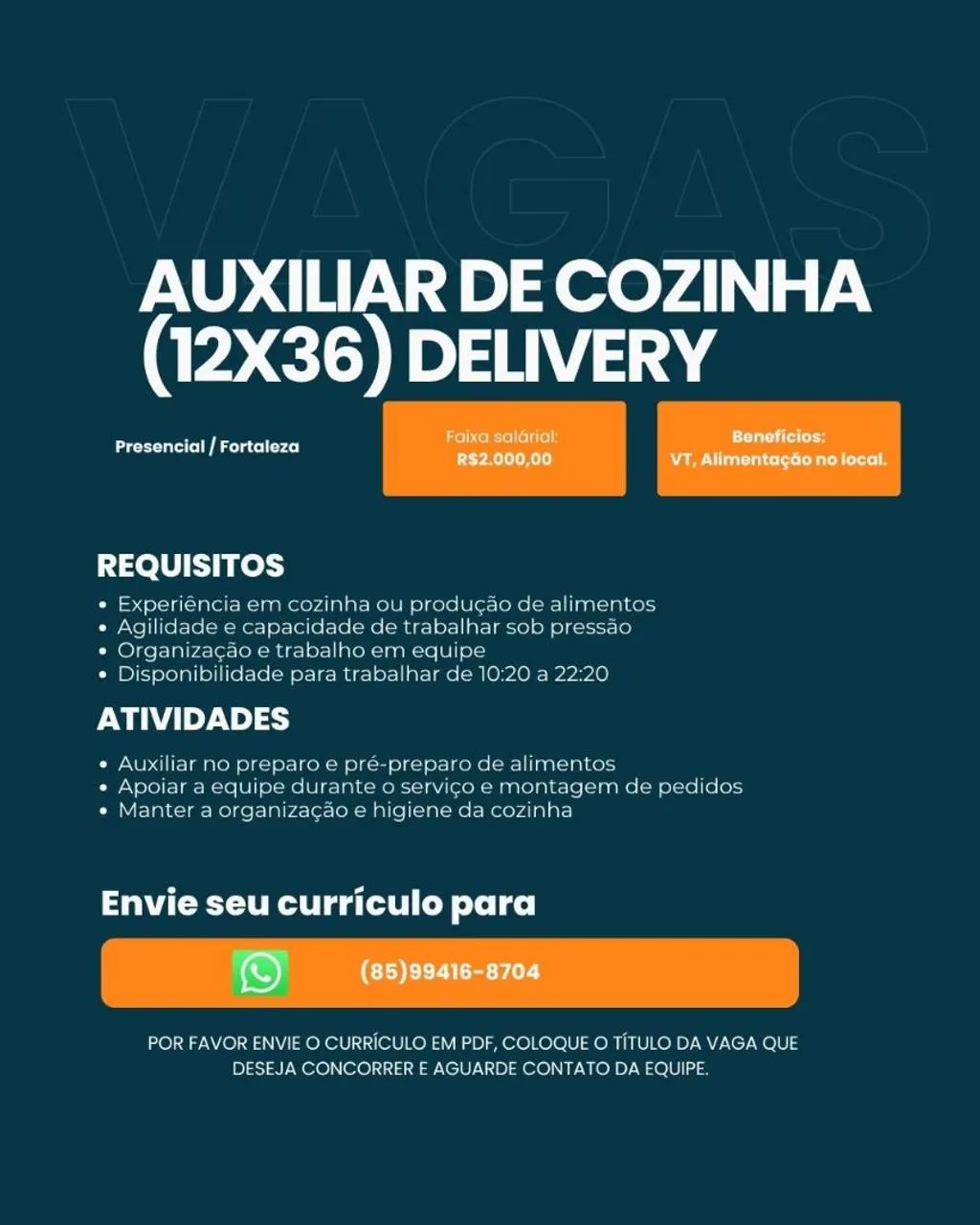 AUXILIAR DE COZINHA COM EXPERIÊNCIA EM DELIVERY