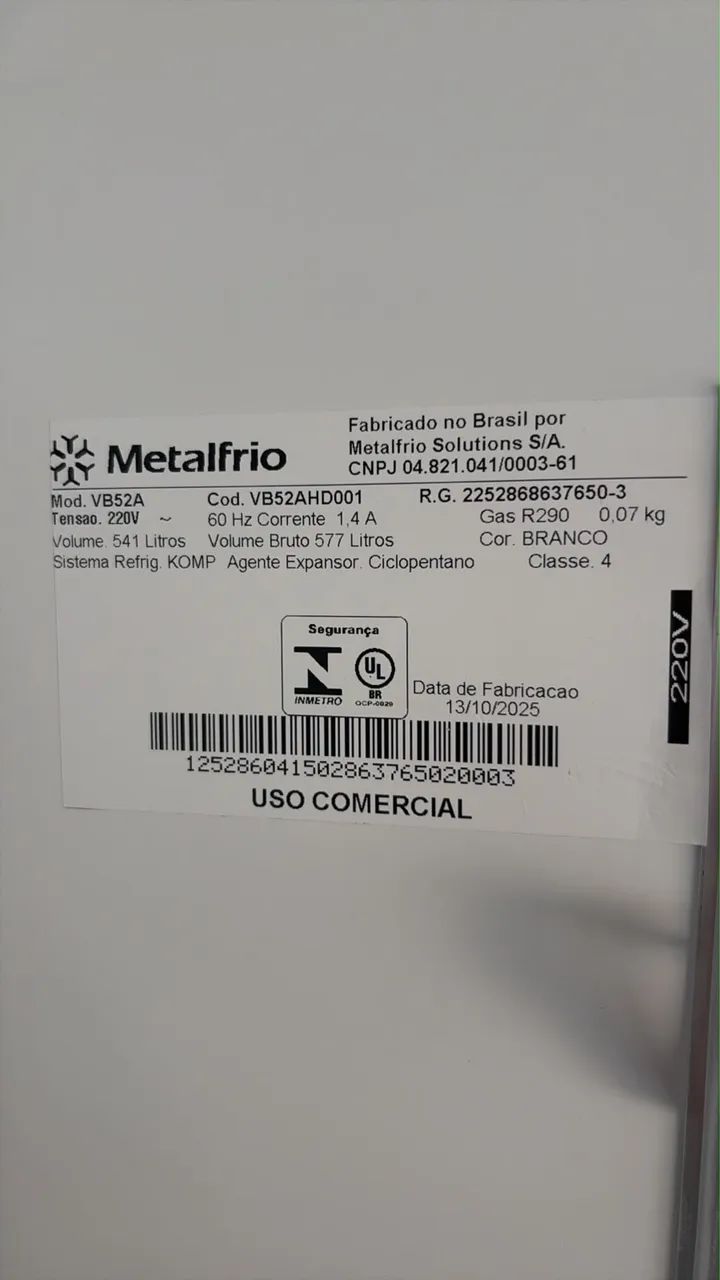 Expositora Vertical Metalfrio VB52A - 577L (Nova, Nunca Usada