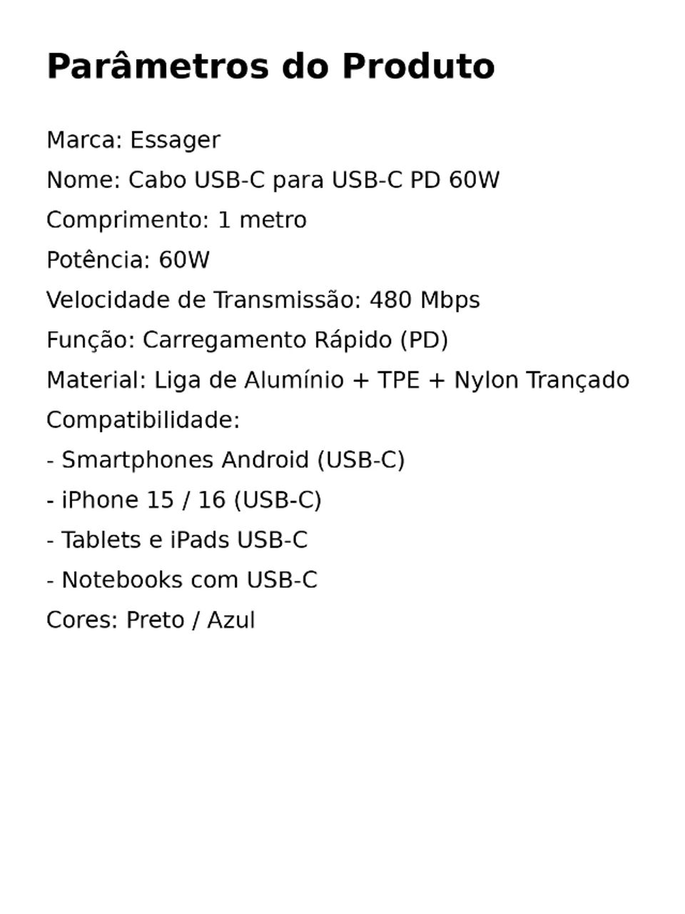 Cabo USB-C Essager 60W PD 1m Carregamento Rápido Tipo C iPhone 15 16 Android Nylon Reforça - Foto 5