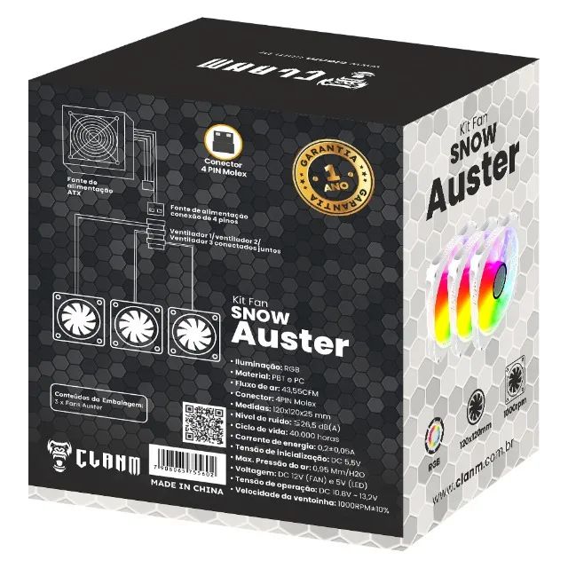 Kit 3 Fans Cooler Auster Snow Branco Clanm Molex - Foto 5