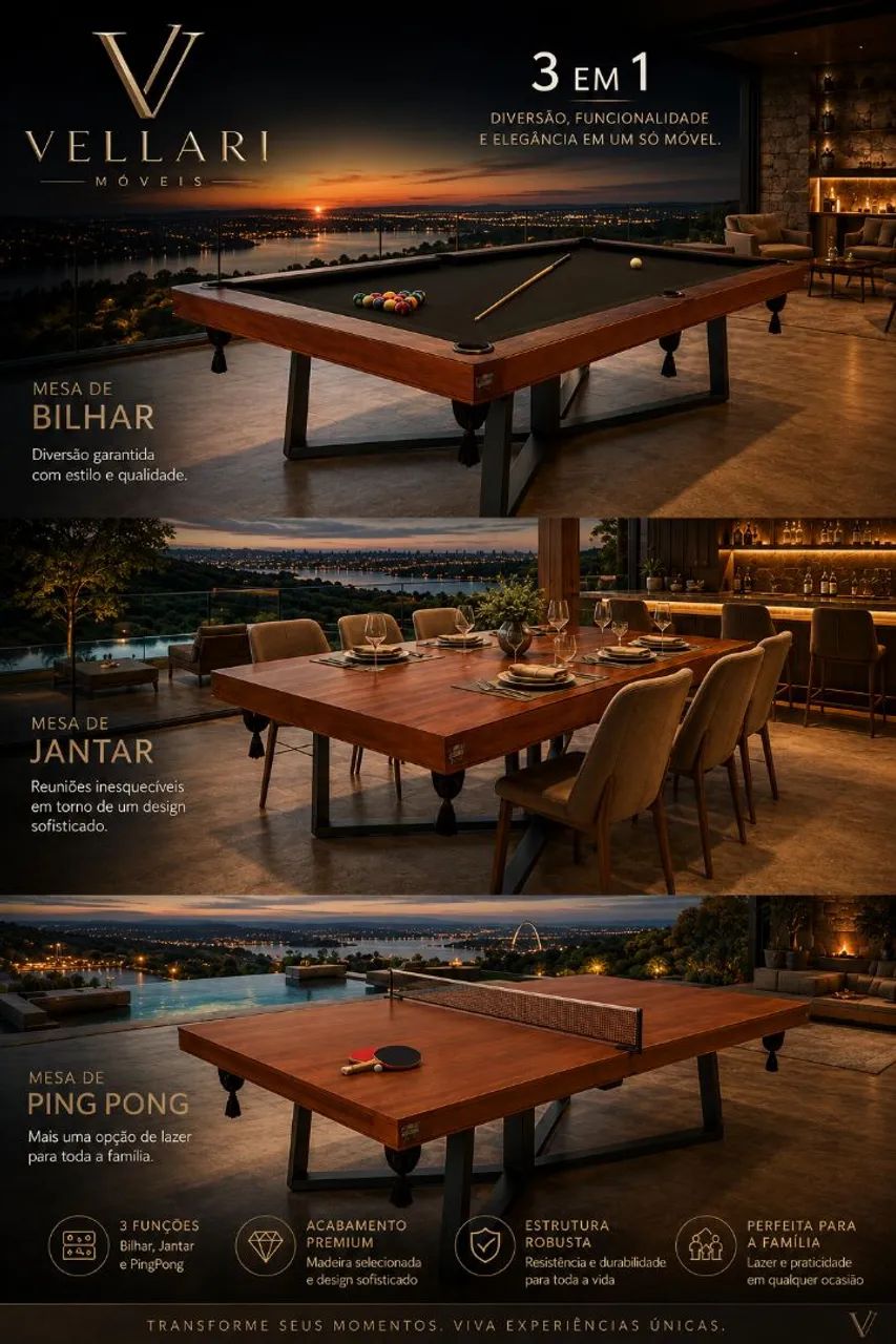 MESA DE BILHAR 3 EM 1 -  VELLARI MÓVEI