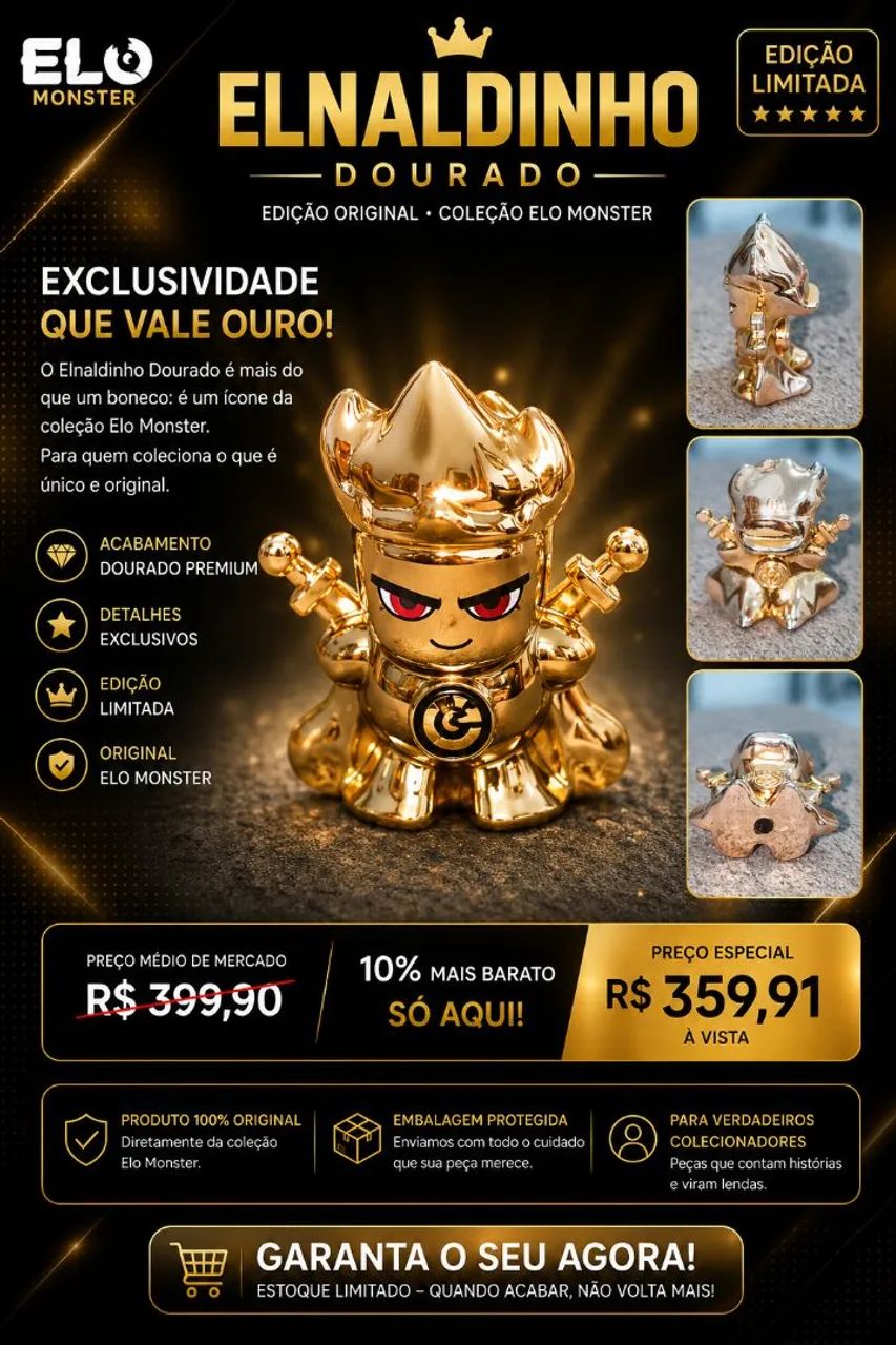 Boneco original do Elnaldinho Dourado da coleção Elo Monster 