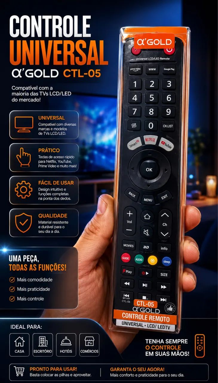Controle universal AGOLD para TVs , comp com diversas marcas 