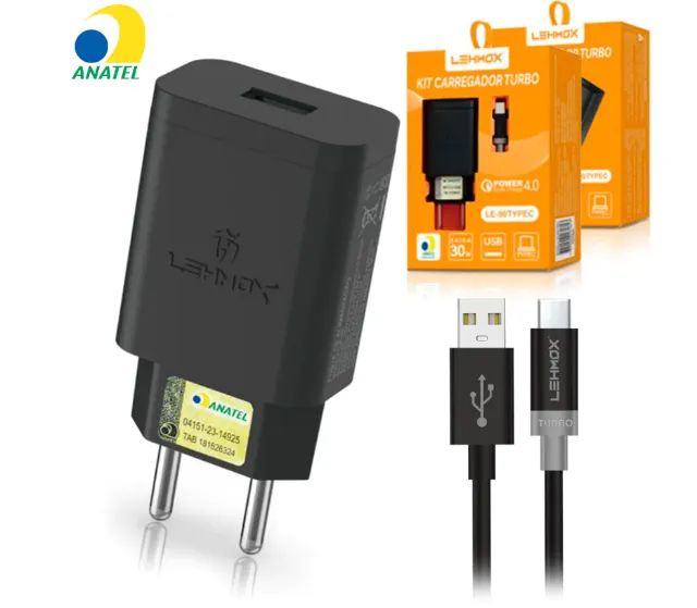 Carregador de Celular Turbo 30W USB com Cabo Tipo C 1 metro (Entrego)