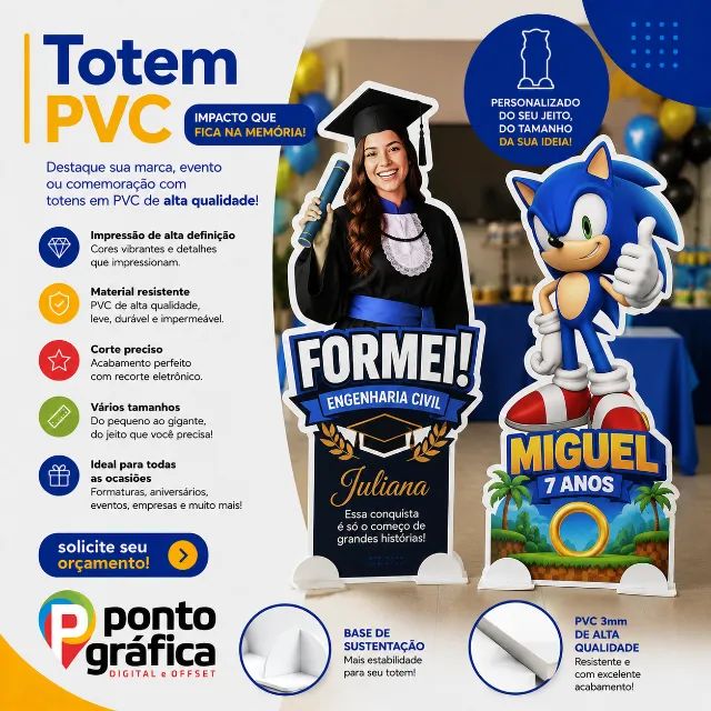 Totens PVC, de mesa ou tamanho real, vários formatos