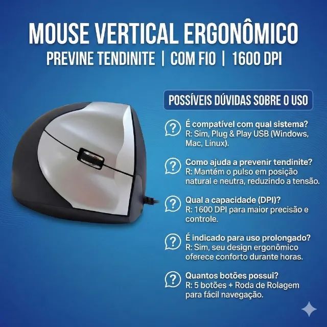 Mouse Vertical Ergonômico Com Fio 1600 DPI Previne Tendinite - Foto 4