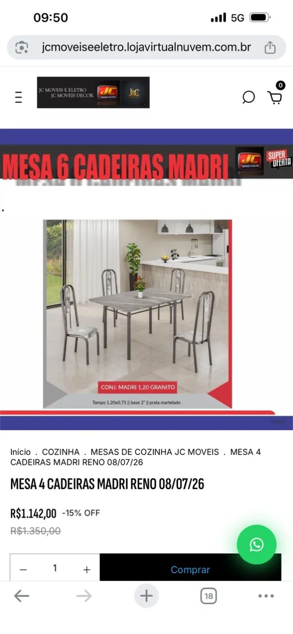MESA MADRI 1,20M 4 CADEIRAS
