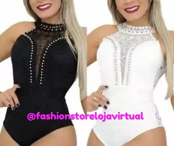 Body rendado com pérolas preto, branco e bordo tam único com bojo - Foto 2