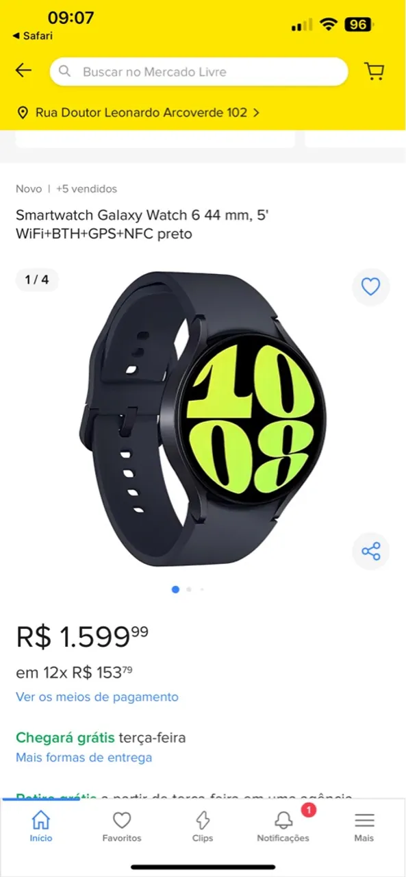 Smartwatch Galaxy Watch 6 44 mm, 5' WiFi+BTH+GPS+NFC preto