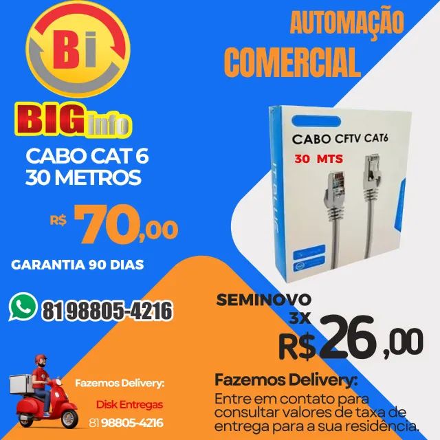 Cabo De Rede Cat6 30 Metros Alta Velocidade Conectores Rj45