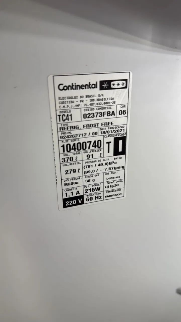 Geladeira Continental TC41 Frost Free 370 Litros
