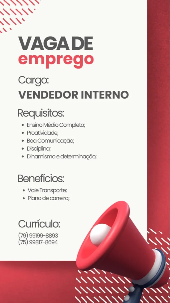Vaga vendedor interno Aracaju