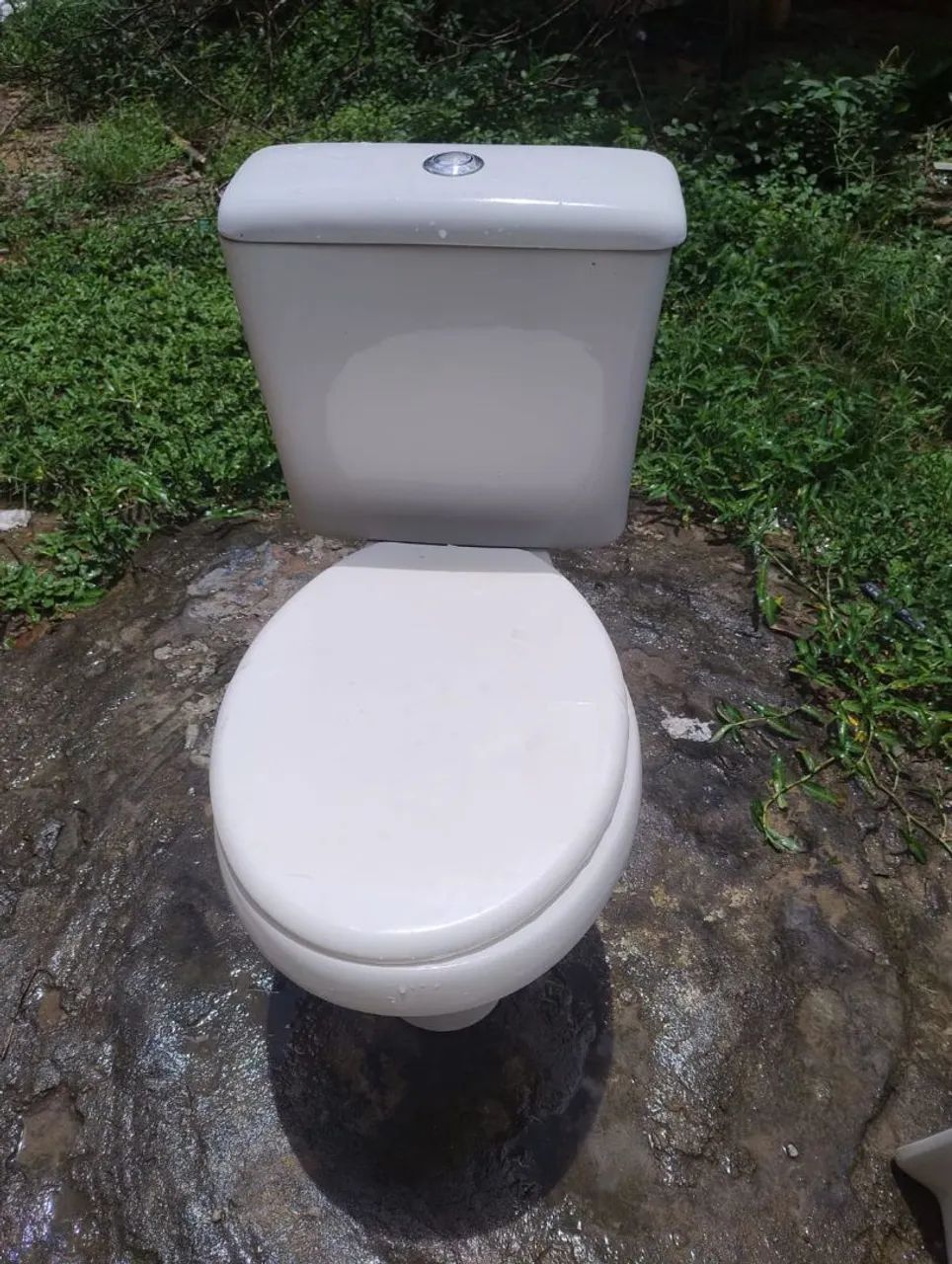 Close-coupled toilet and bathroom sink.