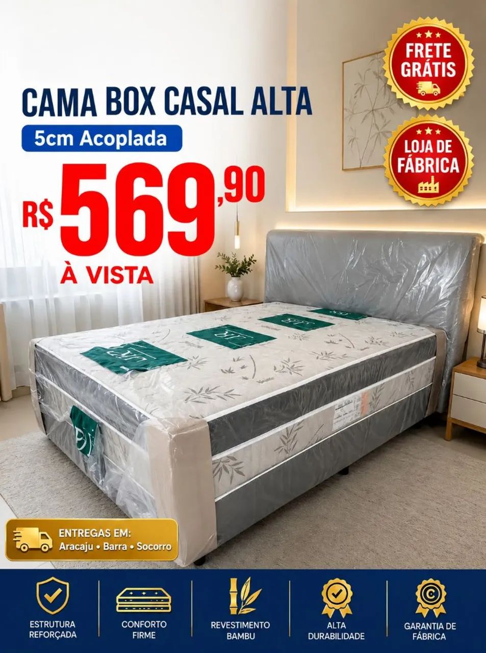 Cama box de casal alta com 5 de espuma aclopada s