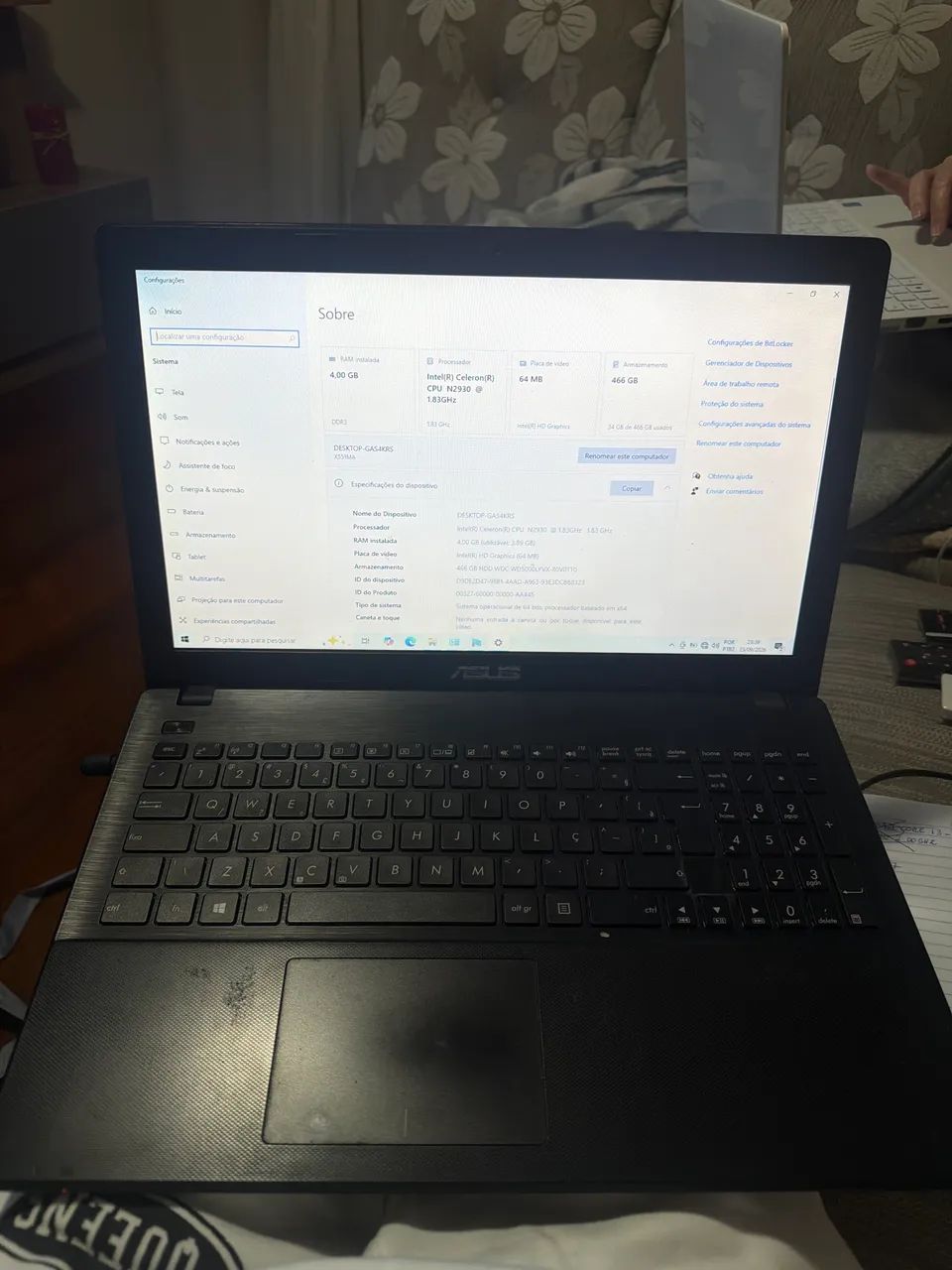 Notebook asus Intel (R) celeron (R) 4gb ram 466gb