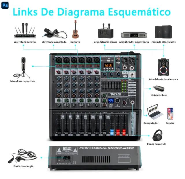 Mesa de Som Profissional L-8 8 Canais, Bluetooth, USB para PC, 48V Phantom e 99 Efeitos T - Foto 2