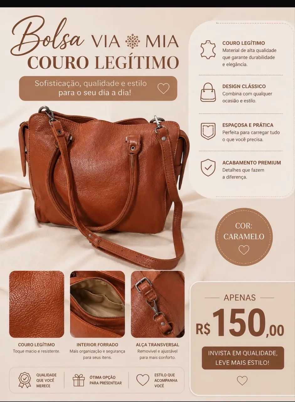 Bolsa couro legítimo Via Mia