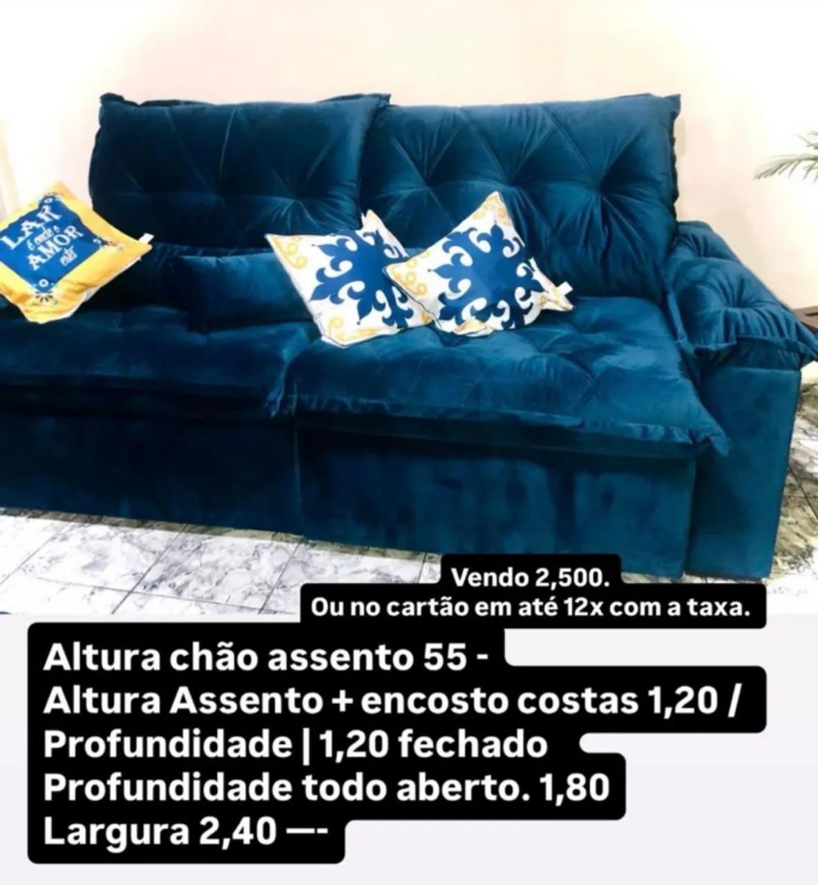 Sofá Retrátil e Reclinável Azul Veludo - Super Confortável / Conservado - Foto 2