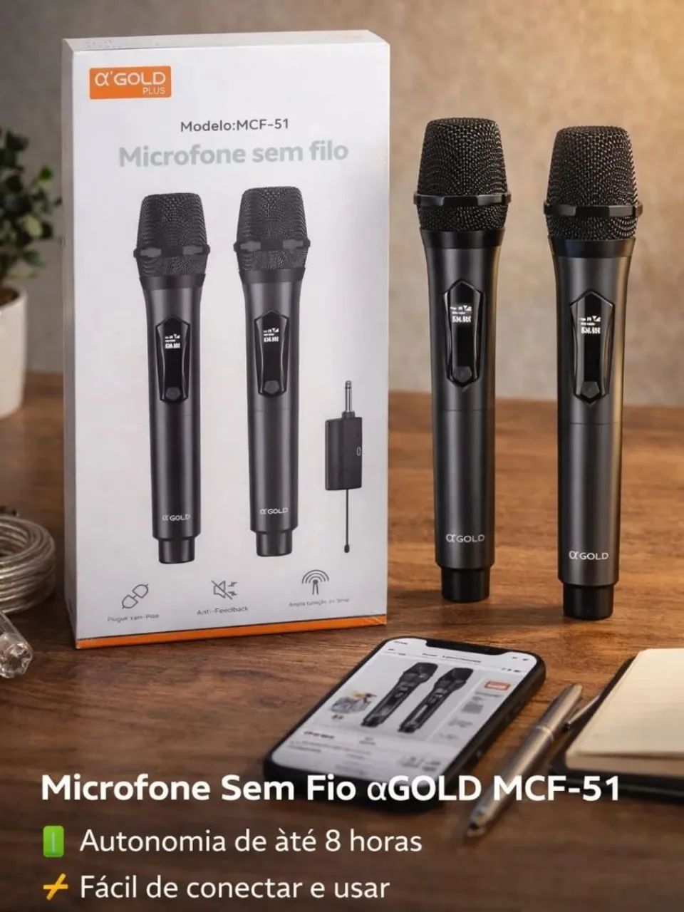 Microfone Sem Fio ? GOLD PLUS MCF-51 | Compatível com JBL | 2 Microfones + Receptor  