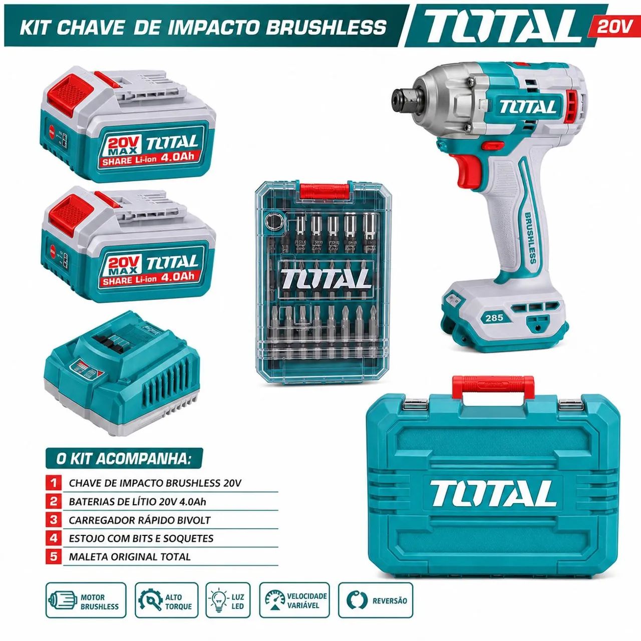 Kit Chave de Impacto Brushless TOTAL 20V