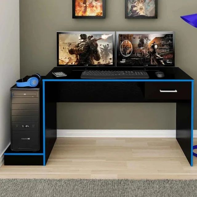 Mesa gamer eleve preto e azul