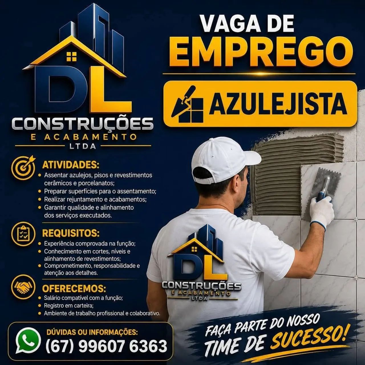 Vaga de Emprego; Pedreiro e Azulejista 