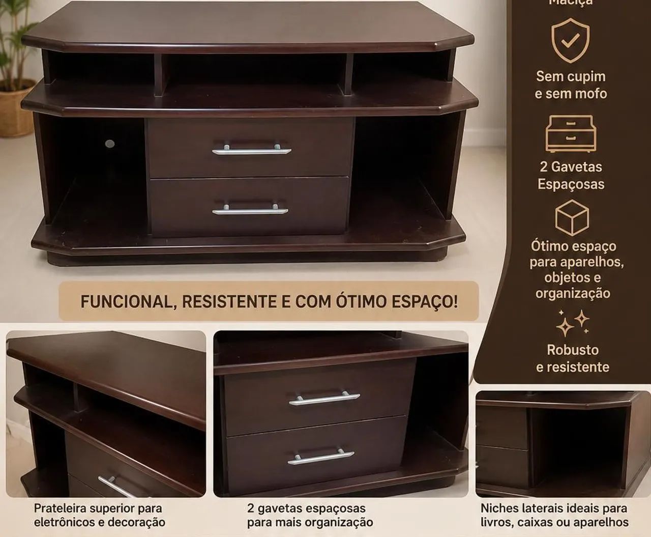 Promoção Rack para TV em Madeira Maciça - Resistente e Espaçoso