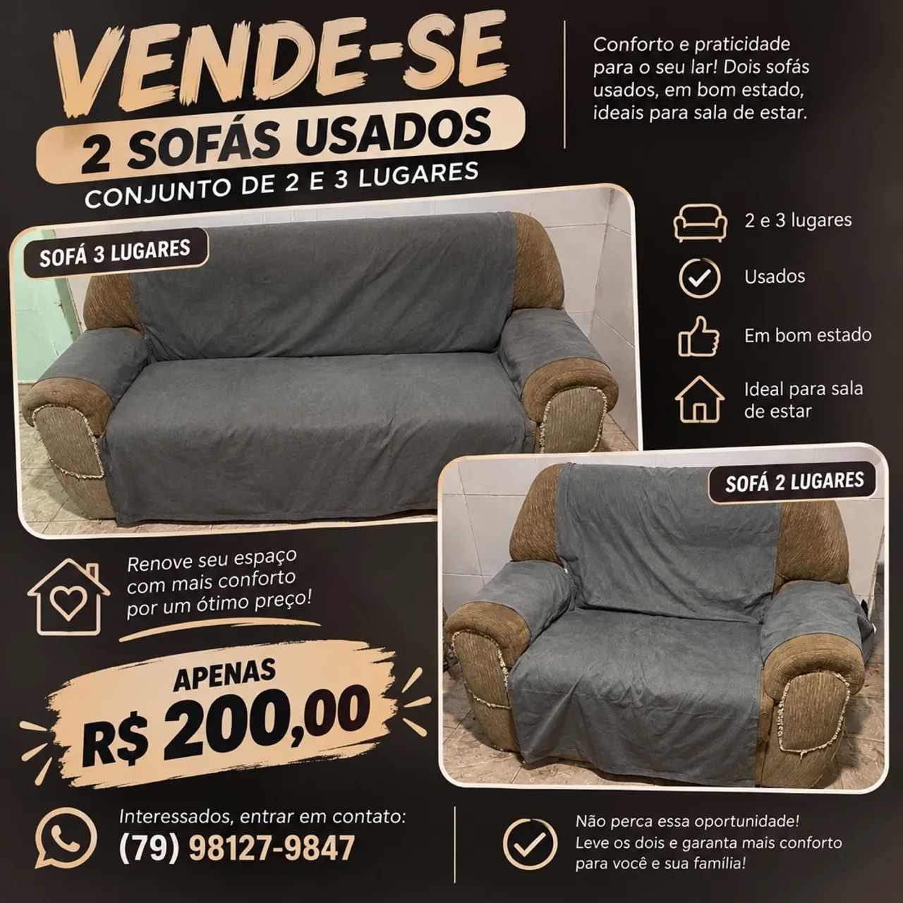Vendo sofá de 3 e 2 lugares