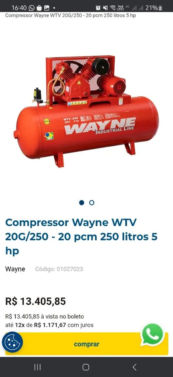 Compressor Wayne WTV 20G/250 - 20 pcm 250 litros 5 hp - Máquinas