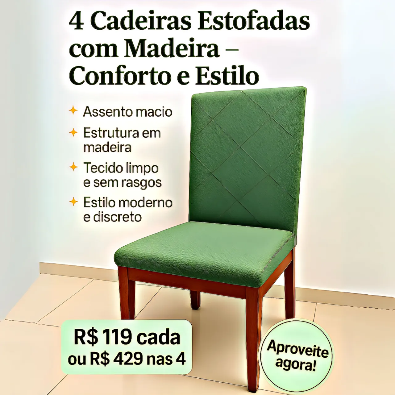 Cadeiras Estofadas com Madeira - Conforto, Estilo e Preço Imbatível!