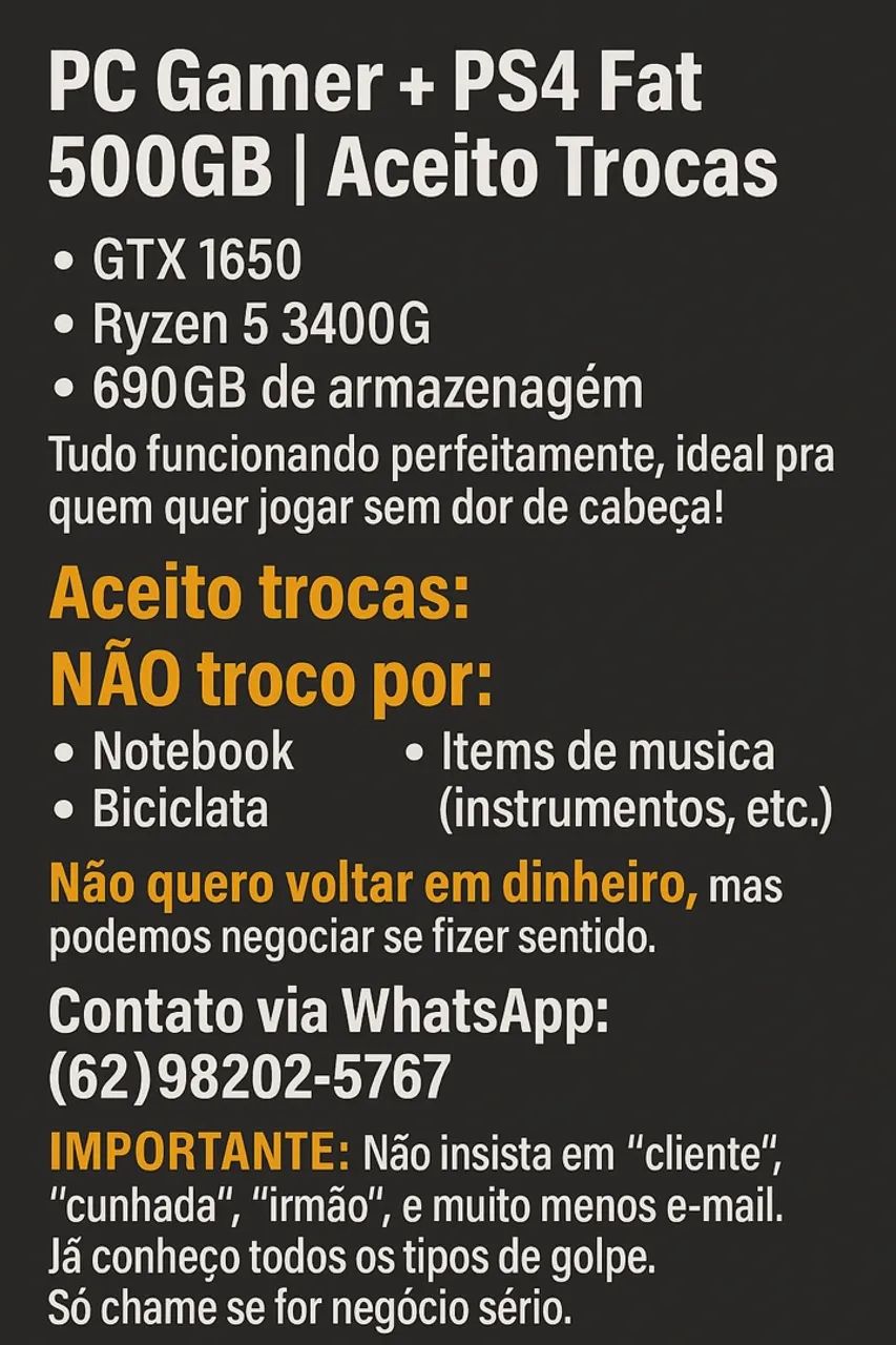 PC Gamer + PS4 Fat 500GB - Aceito Trocas mando foto no chat
