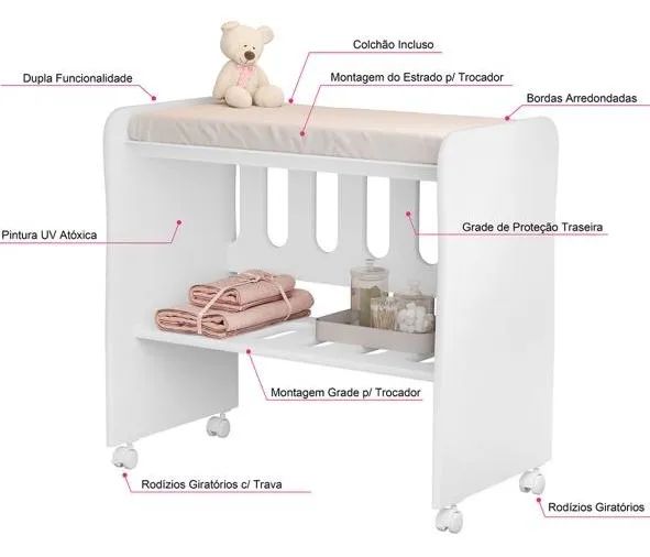 Mini berço recém nascido multifuncional com mosqueteiro e trocador - Foto 4