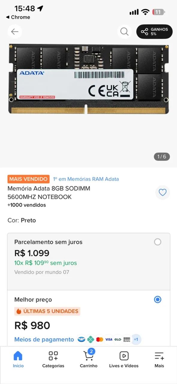Memória de 8Gb Notebook Ddr5  - Foto 3