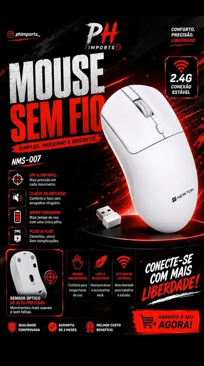 Mouse Sem Fio Simples e Discreto Branco NMS-007 
