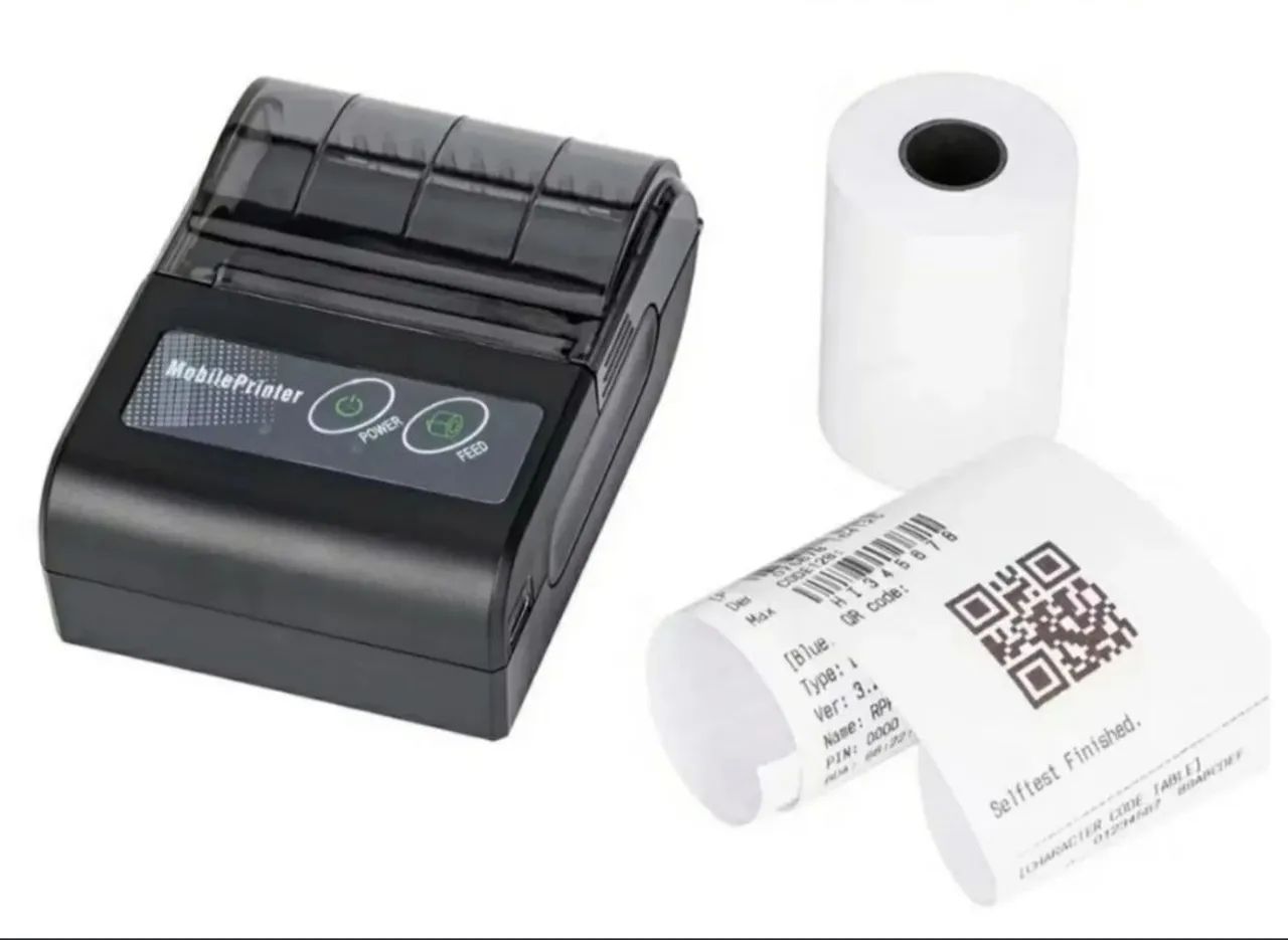 Impressora Bluetooth acompanha caixa com bobinas.