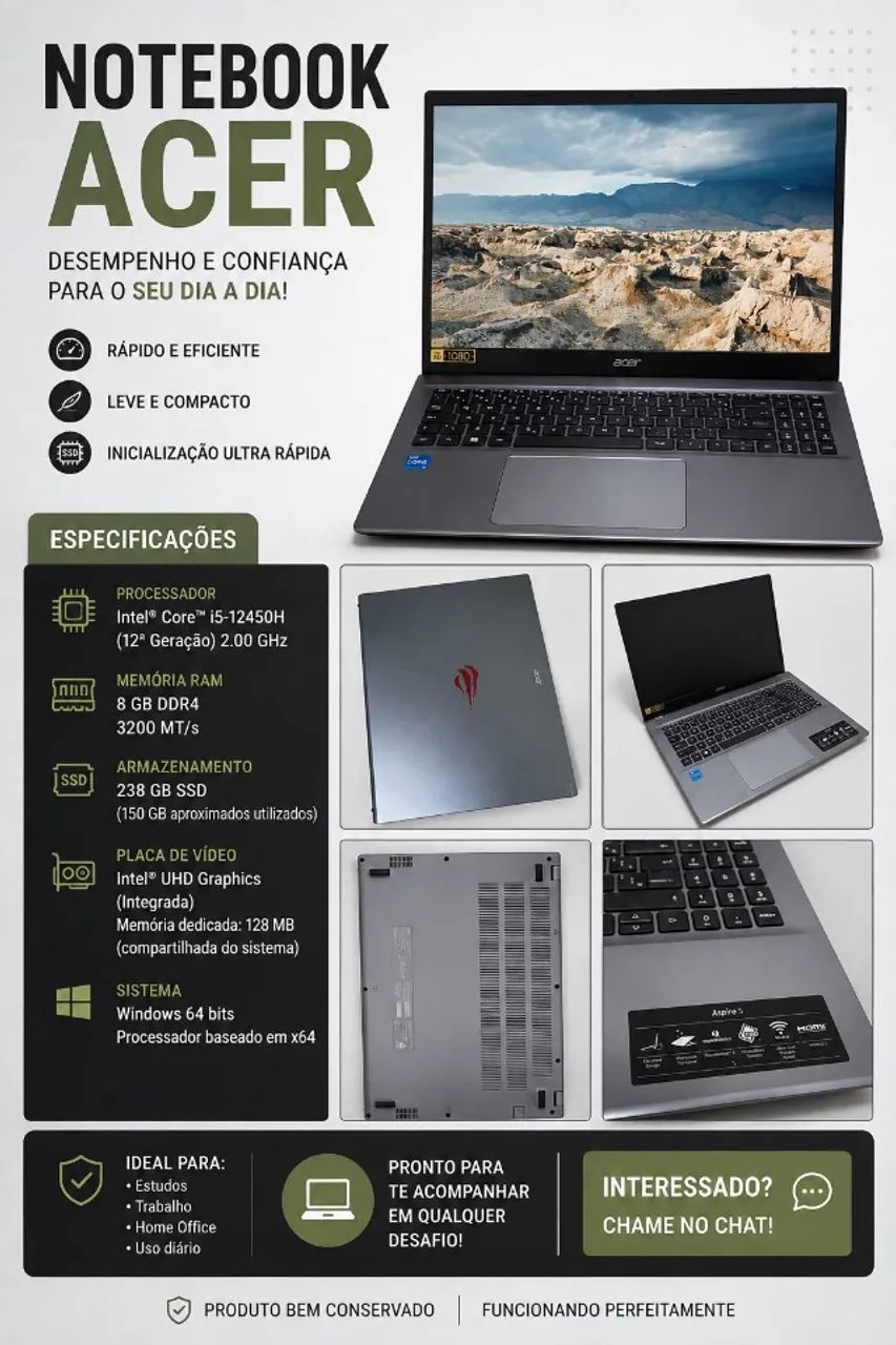 Notebook Acer Aspire 5 Intel Core i5 12a Geração 8GB RAM SSD 238GB Windows