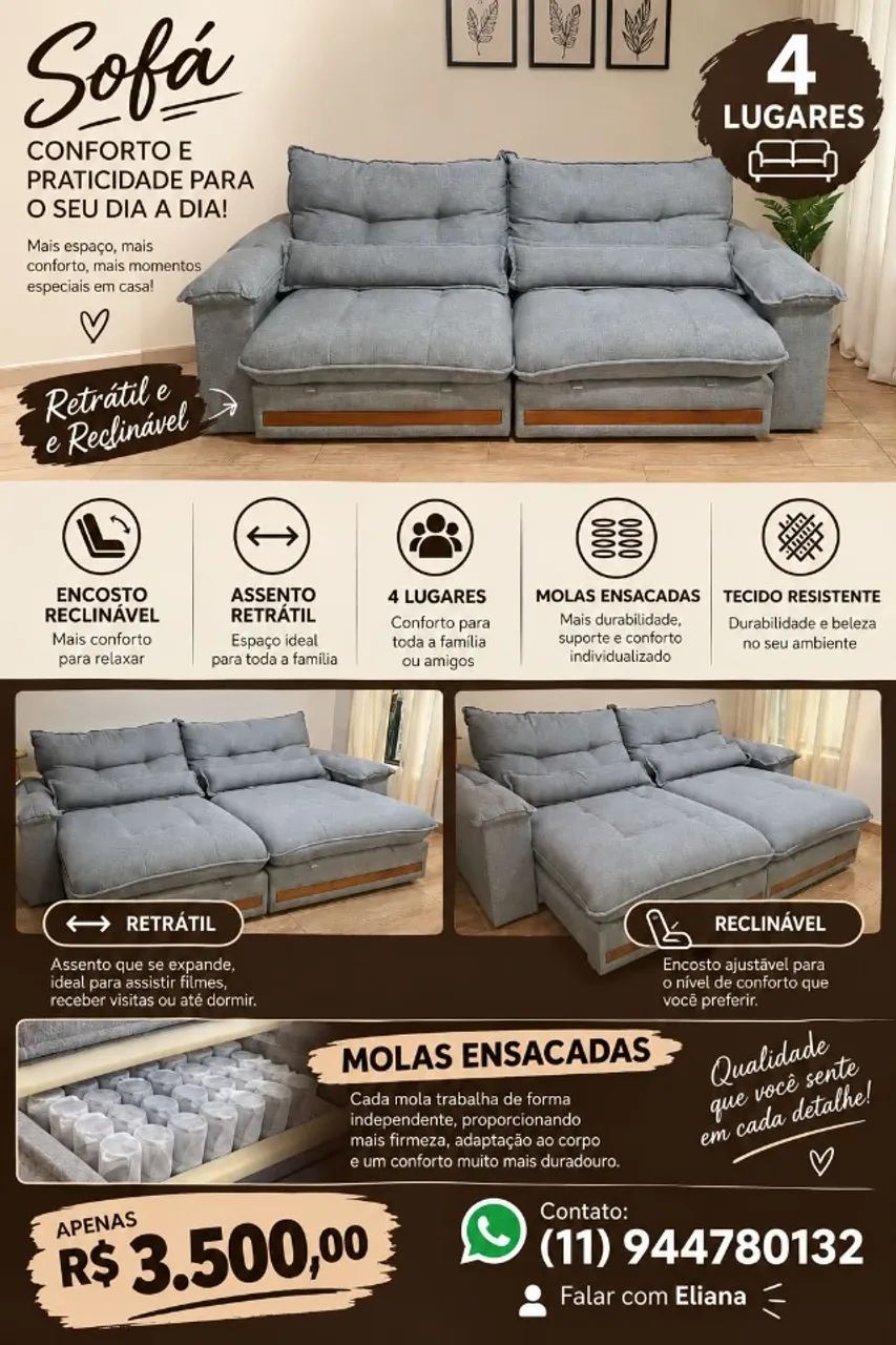 Sofá retrátil reclinavel,4 lugares, molas em sacada  - Foto 4
