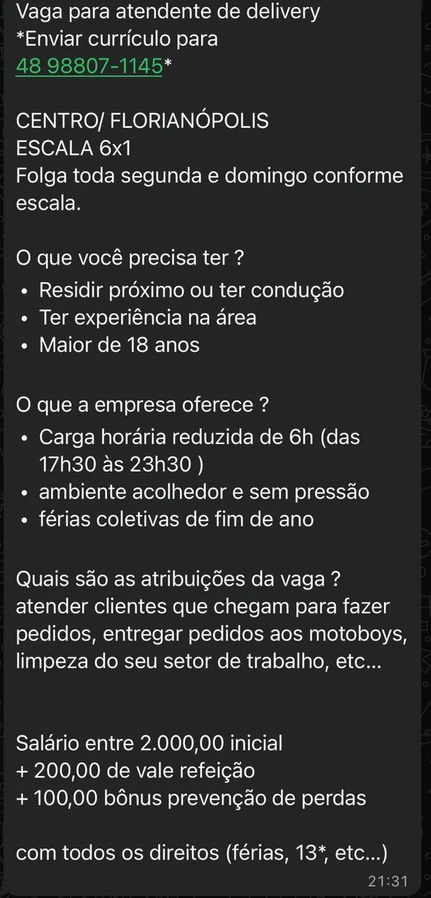 Vaga para atendente de delivery 