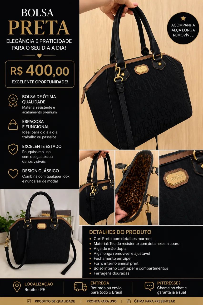 Bolsa Victor Hugo preta, elegante e espaçosa 