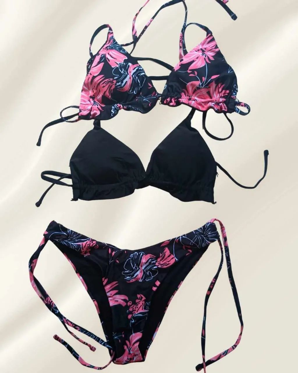biquíni 3 peças estampado preto e rosa - Foto 2